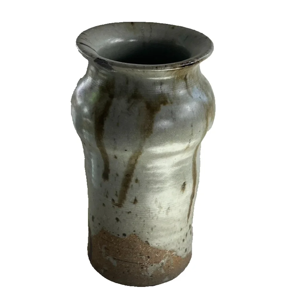 Studio Art Pottery Stoneware Tall Vase Glaze Brown Drips Signed By Carol R.